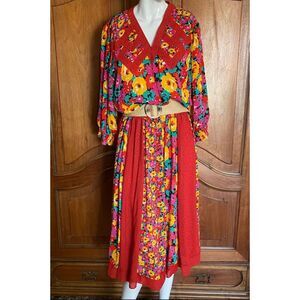 Vintage Floral Dress Mixed Contrasting Print Midi Dress Plus Size 14